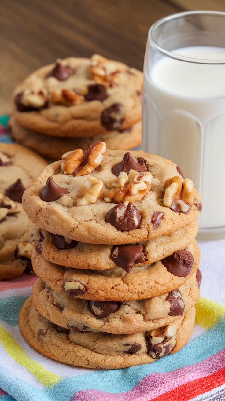 Delicious homemade chocolate chip cookies with nuts stacked next to a glass of milk.