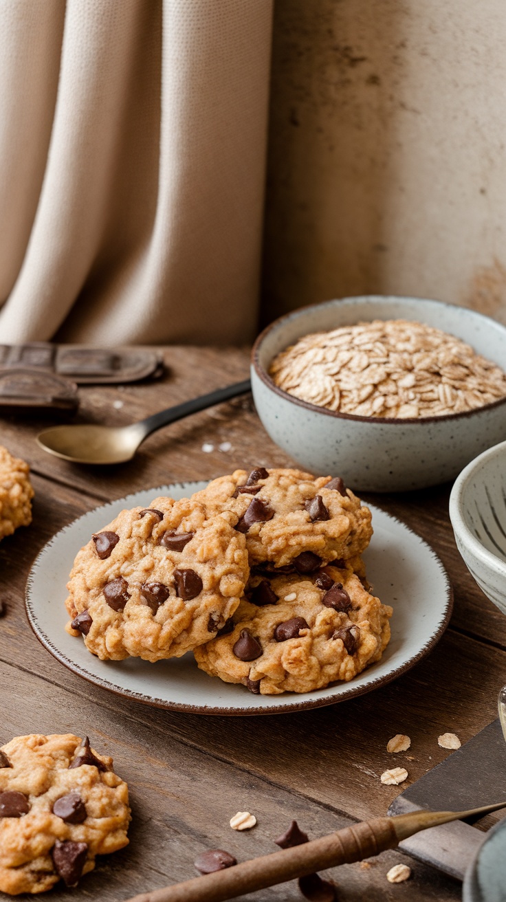 Plate of chocolate chip cookies with oats on a wooden table