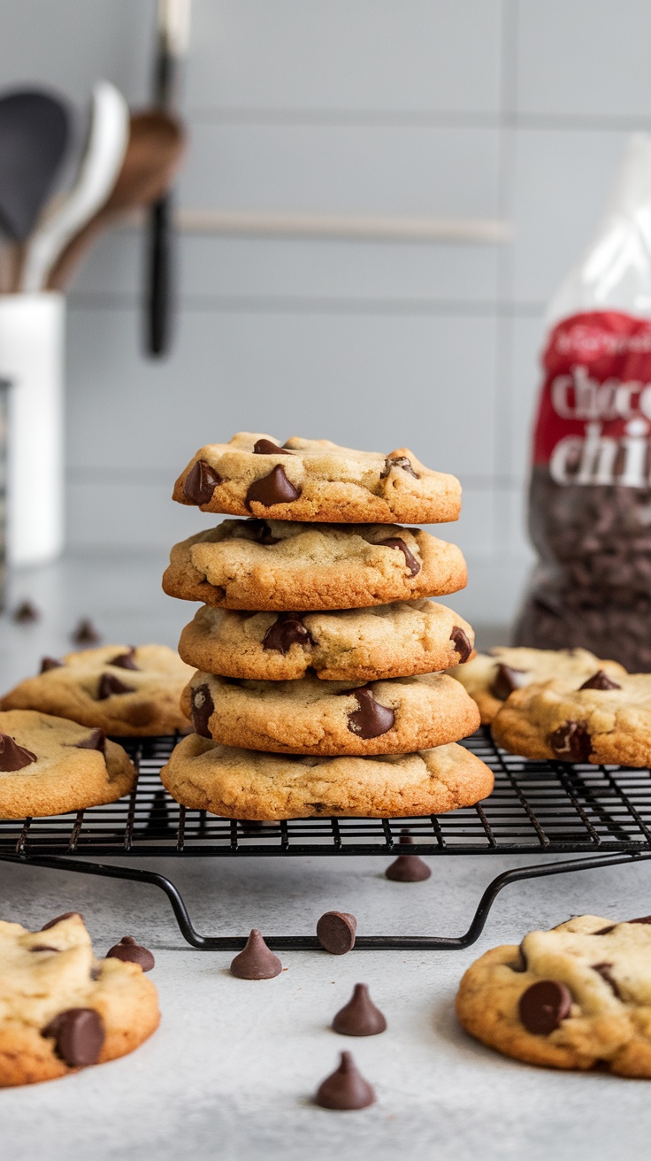 Stack of classic chewy chocolate chip cookies on a cooling rack