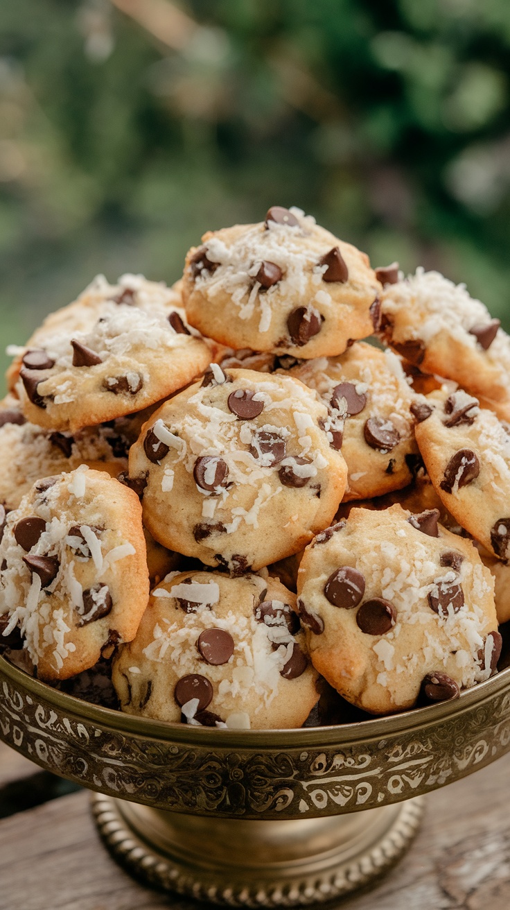 A bowl of freshly baked coconut chocolate chip cookies