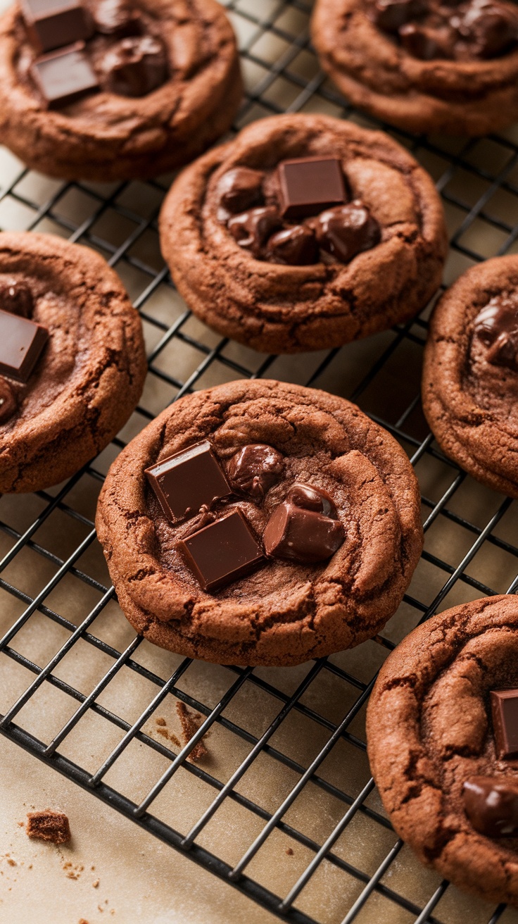 Delicious double chocolate chip cookies cooling on a wire rack.