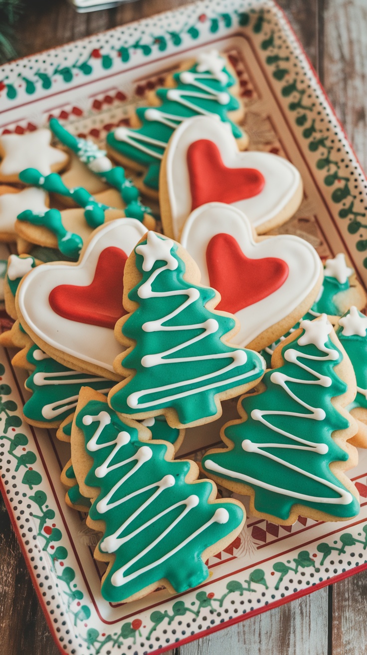 A festive display of holiday-themed chocolate chip cookies decorated with colorful icing.