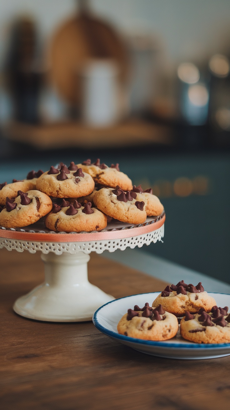 A plate of mini chocolate chip cookies on a wooden table