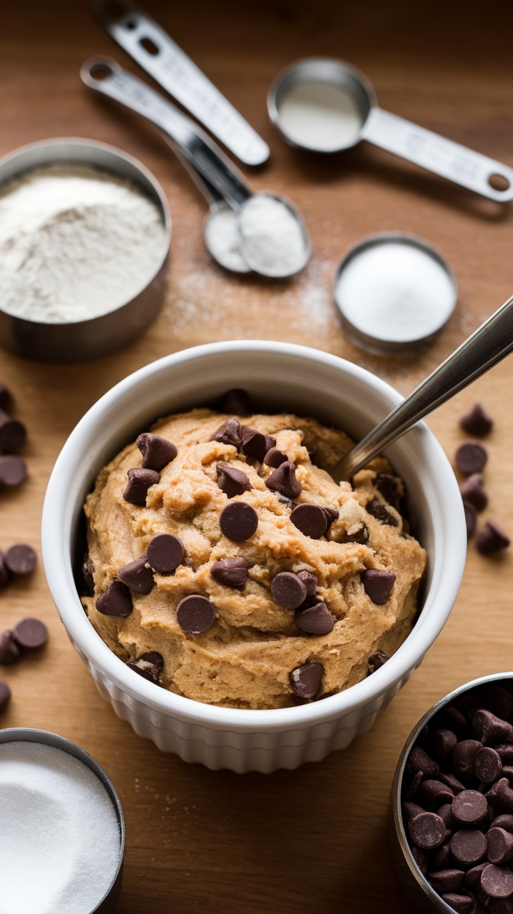 Bowl of chocolate chip cookie dough with chocolate chips and measuring cups in the background.