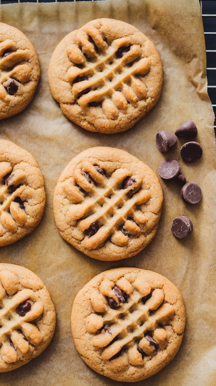 Delicious peanut butter chocolate chip cookies arranged on parchment paper.