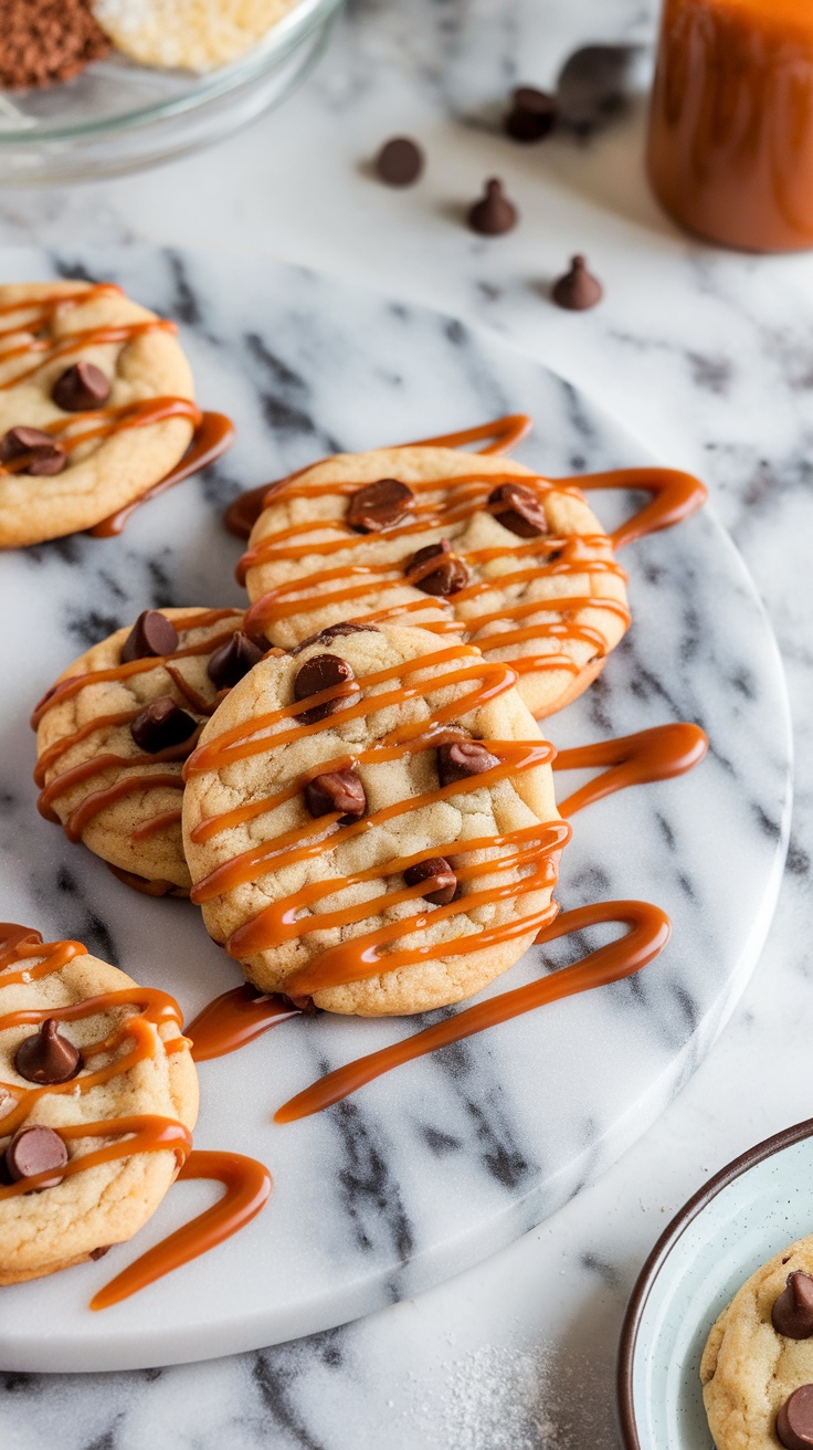 Salted caramel chocolate chip cookies drizzled with caramel sauce.