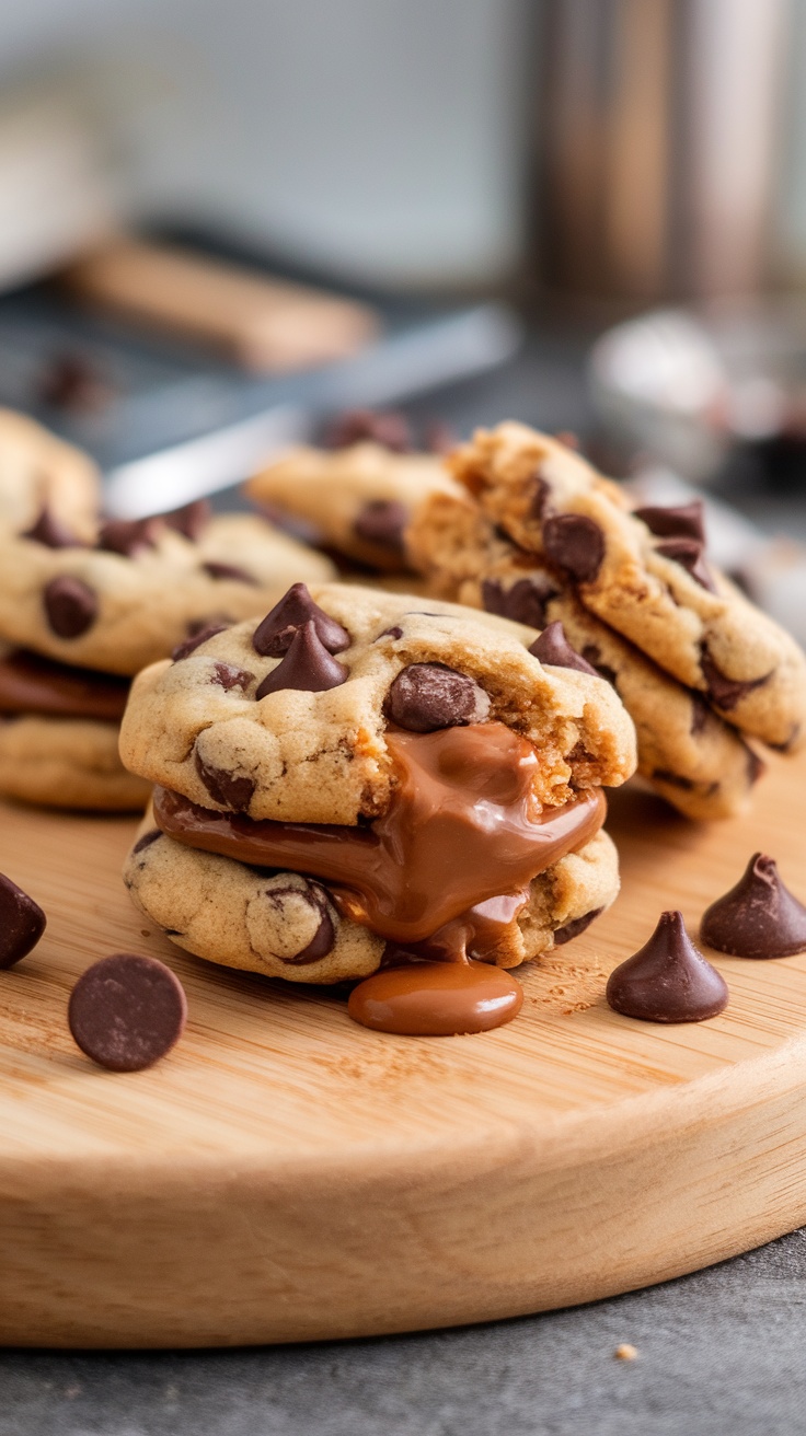 Delicious stuffed chocolate chip cookies with melted filling