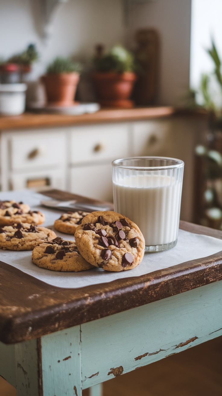 Vegan chocolate chip cookies on a wooden table next to a glass of milk