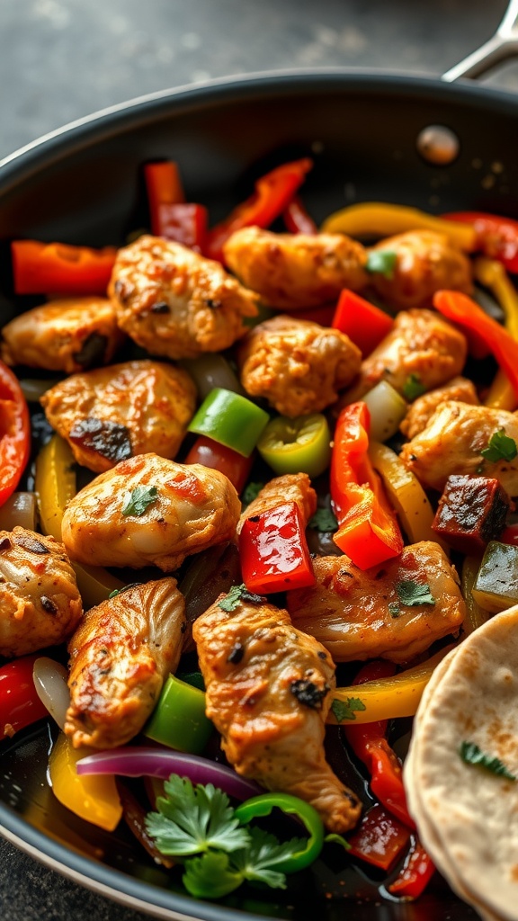 A skillet filled with cooked chicken, vibrant bell peppers, and onions, ready for fajitas.