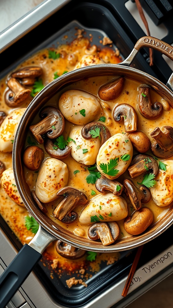 A skillet filled with creamy chicken, mushrooms, and garnished with fresh herbs, sitting on a stovetop.