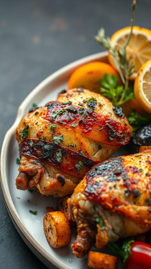 A plate of crispy baked chicken thighs with herbs and vegetables.