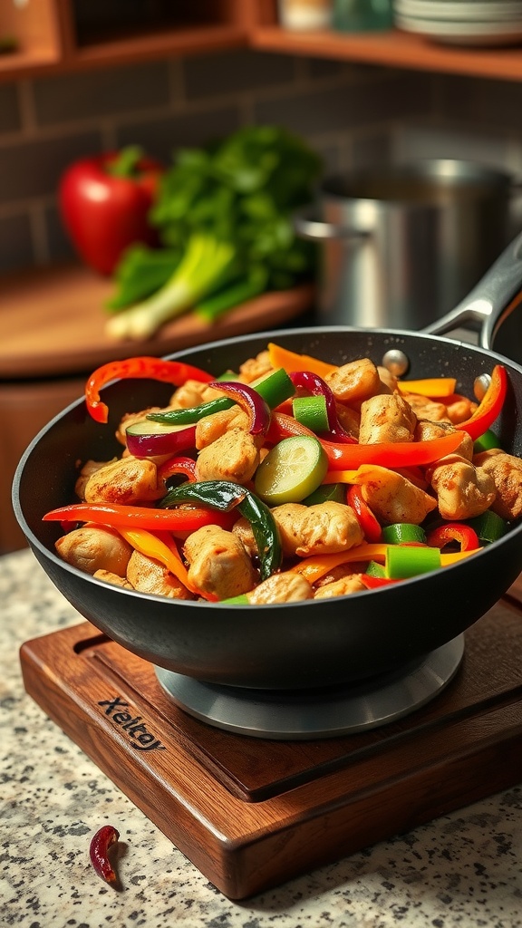 A vibrant chicken stir-fry with colorful vegetables in a pan.