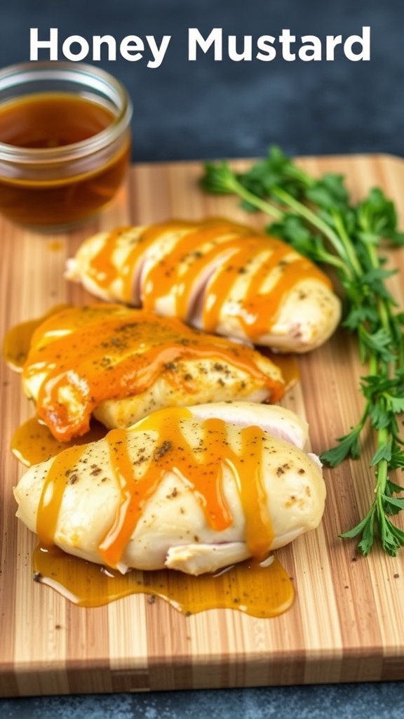 Honey mustard glazed chicken breasts on a cutting board with sauce and parsley