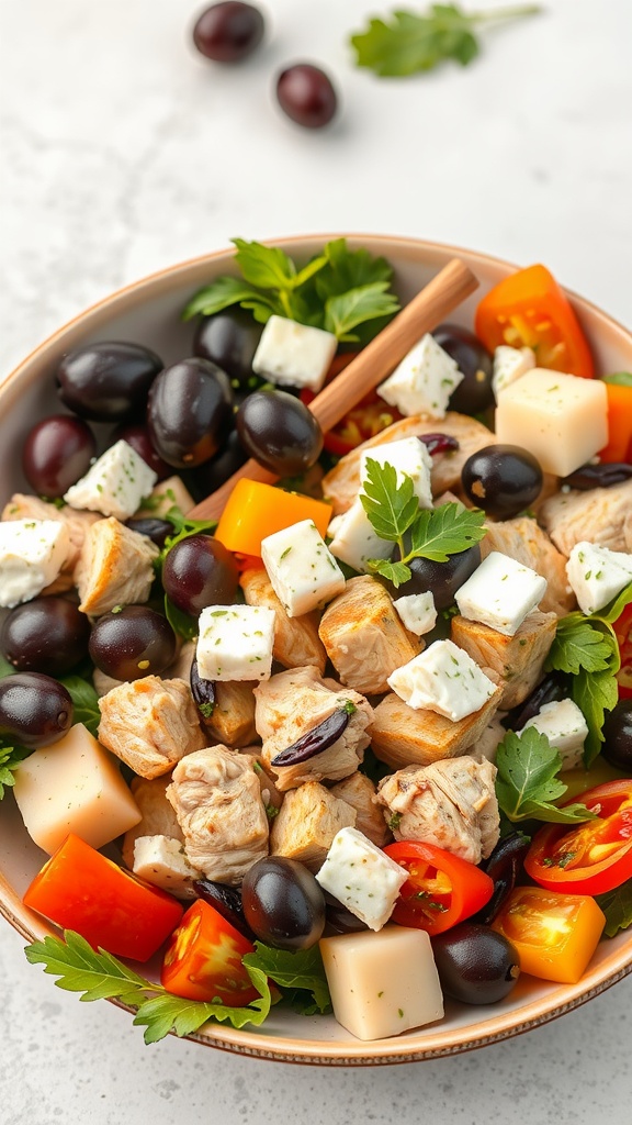 A bowl of Mediterranean chicken salad with grilled chicken, olives, cheese, and colorful vegetables.