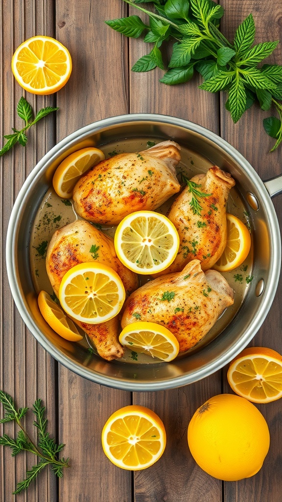 One-Pan Lemon Garlic Chicken with lemon slices and herbs in a pan