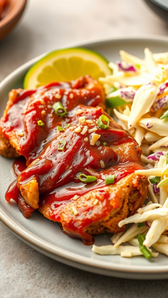 Plate of slow cooker BBQ chicken with coleslaw and lime slices