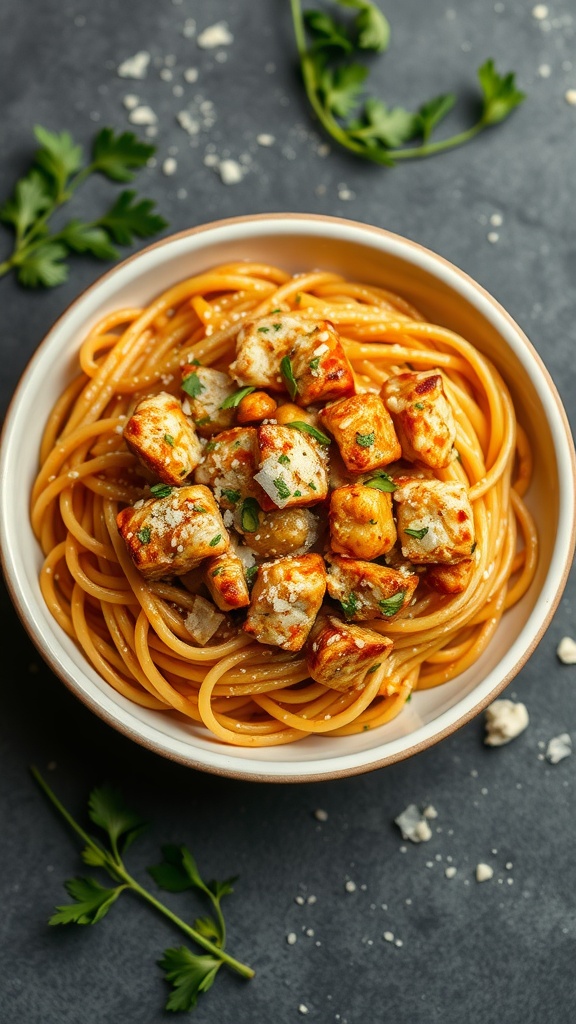 A bowl of spicy Cajun chicken pasta topped with herbs.