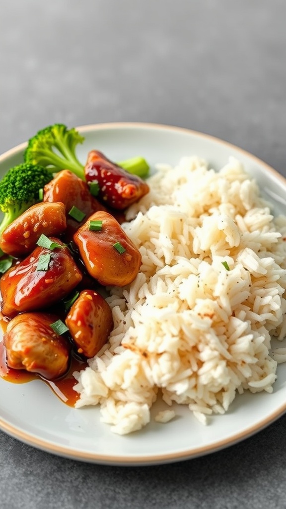 Plate of teriyaki chicken with rice and broccoli