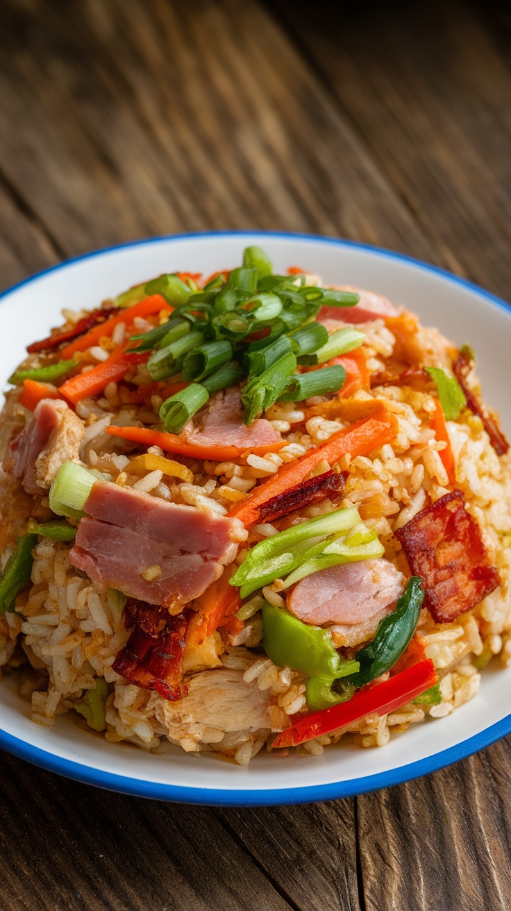 A colorful plate of Dominican Chofan with chicken, ham, and mixed vegetables, garnished with scallions.
