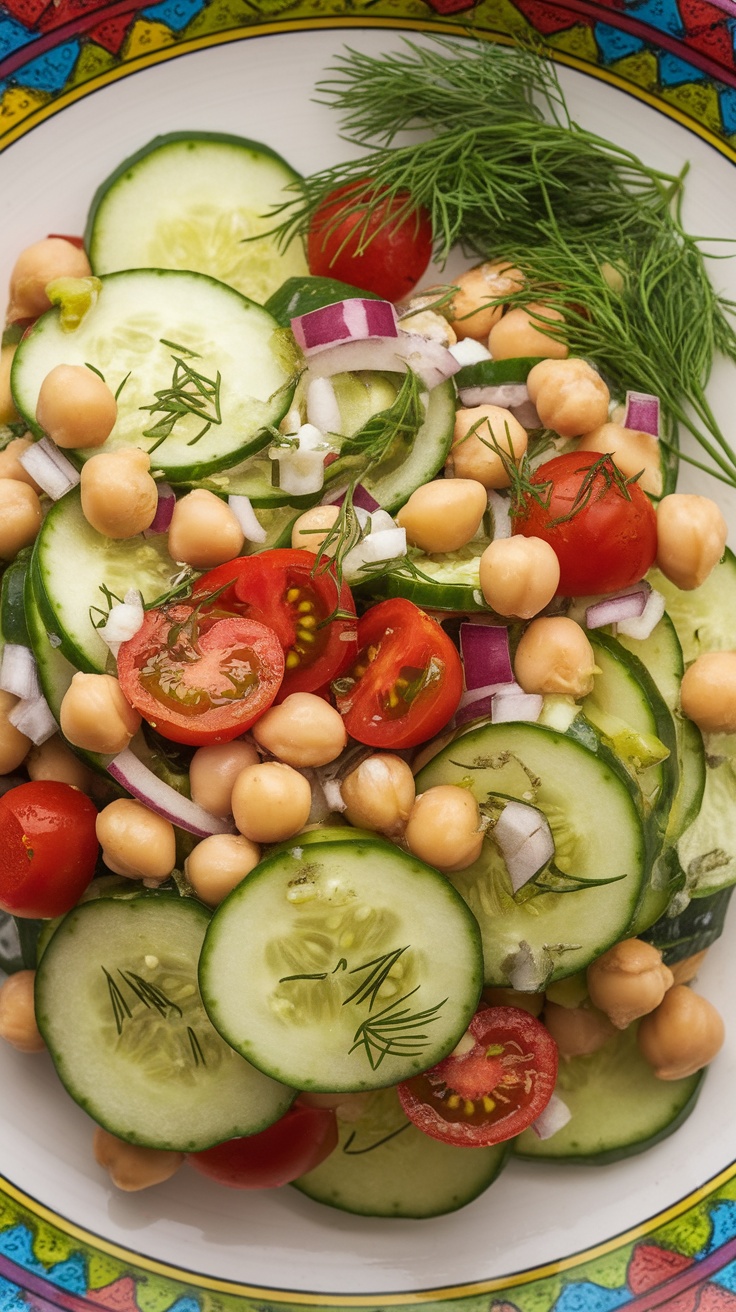 A fresh Mediterranean cucumber salad with chickpeas, tomatoes, and dill.