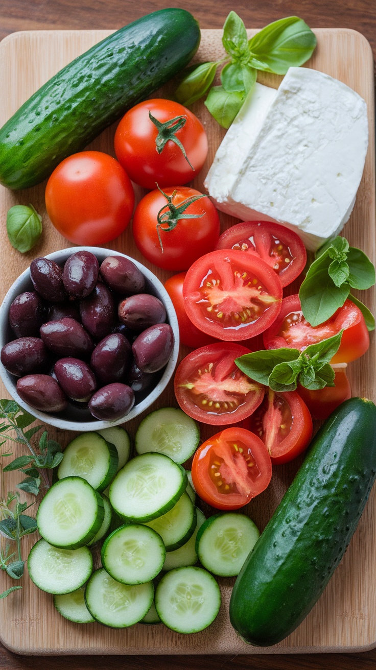 Fresh ingredients for a Mediterranean cucumber salad, including cucumbers, tomatoes, feta cheese, olives, and herbs.