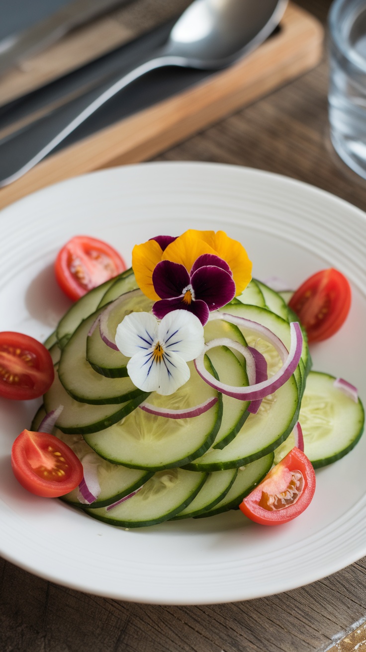 Mediterranean cucumber salad garnished with edible flowers and cherry tomatoes