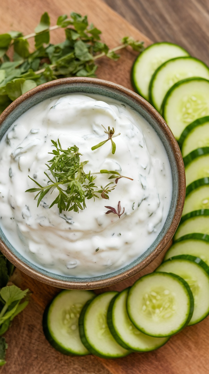 A bowl of herbed yogurt dressing with fresh herbs and sliced cucumbers on the side.