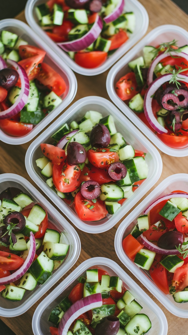 Colorful Mediterranean cucumber salad prepared for meal prep