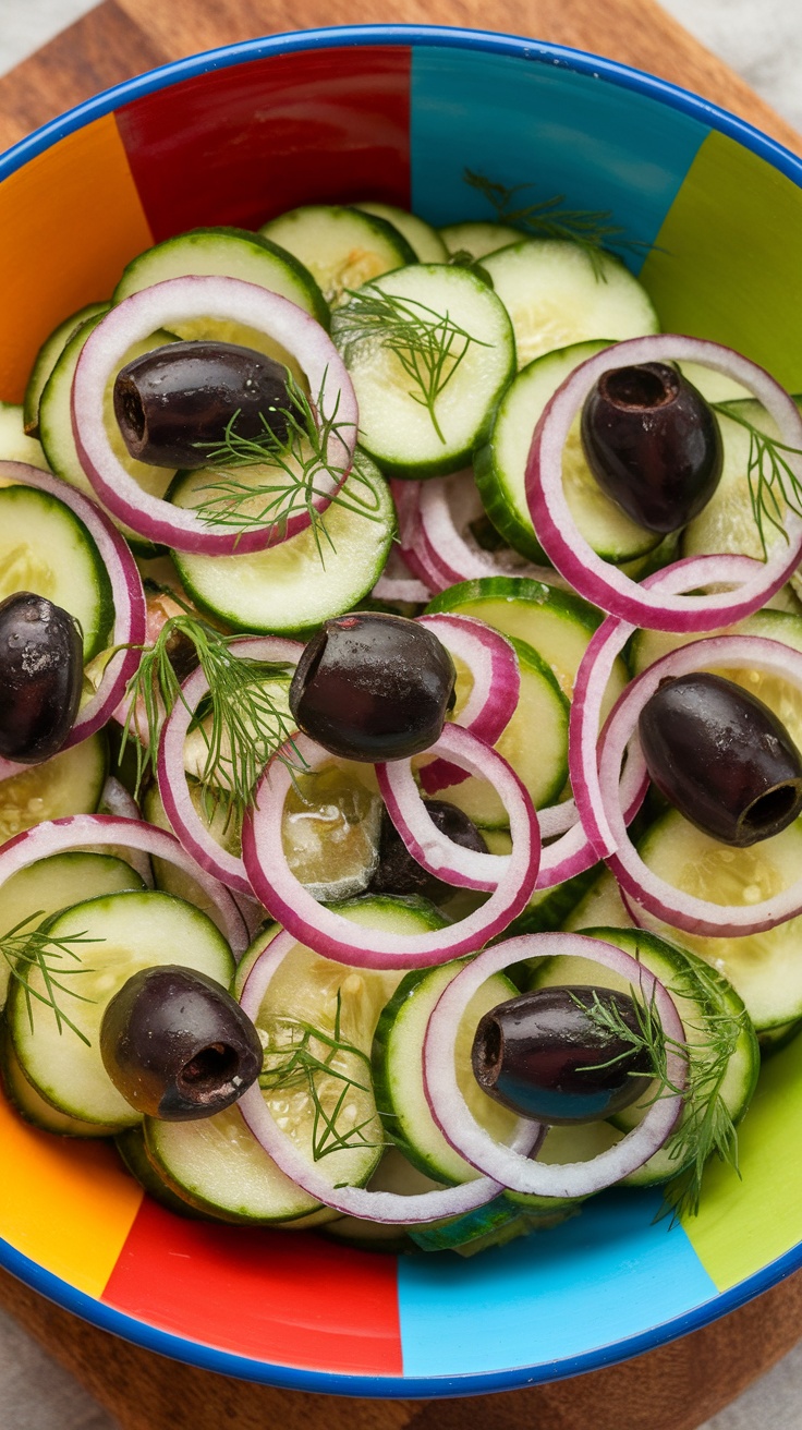 A colorful bowl of cucumber salad with olives and red onion.