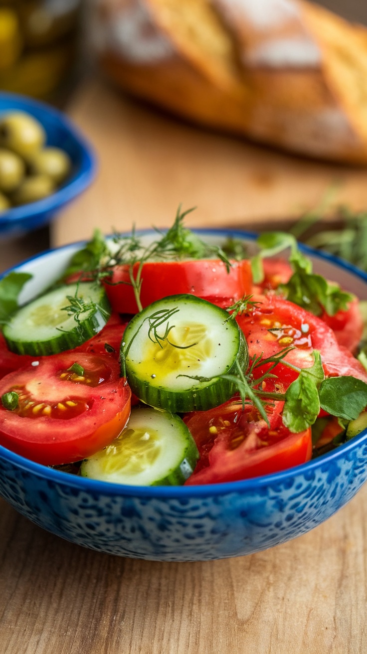 A vibrant cucumber and tomato salad with fresh parsley