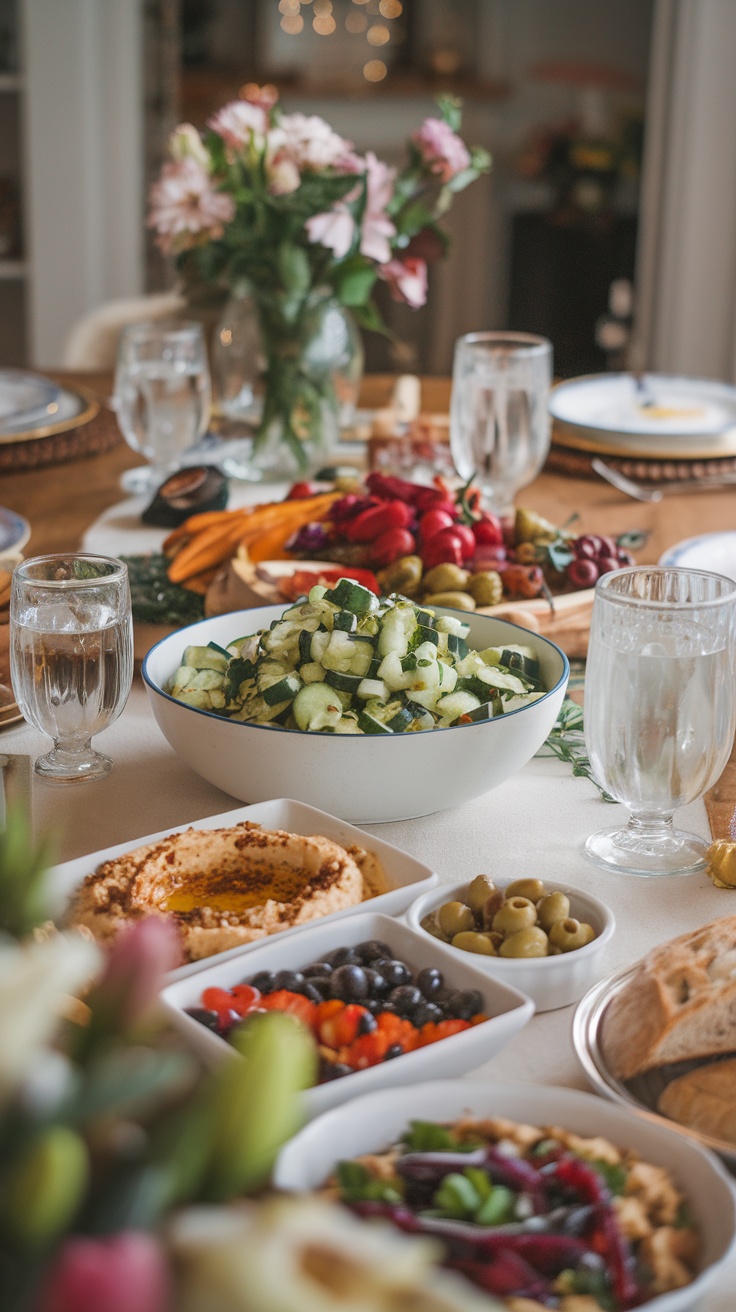 Fresh Mediterranean Cucumber Salad with a variety of colorful side dishes