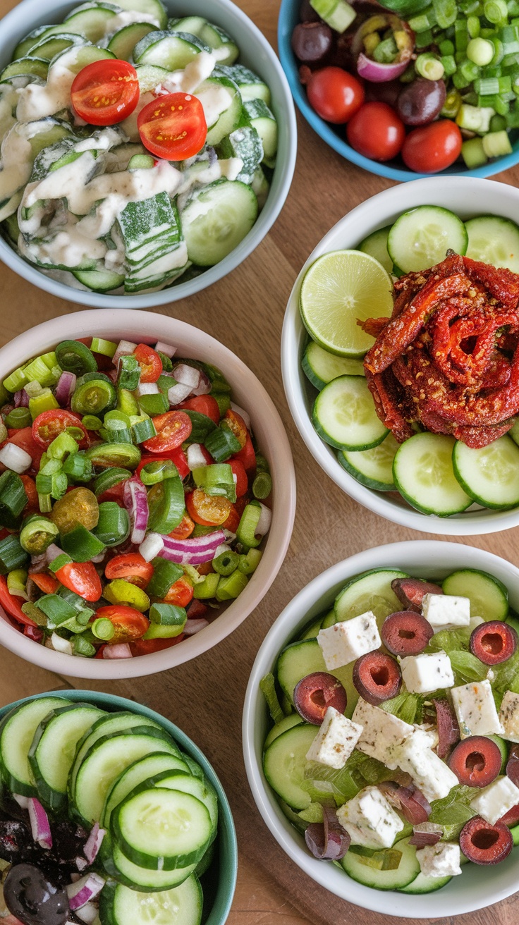 A vibrant Mediterranean cucumber salad with various vegetables and toppings.