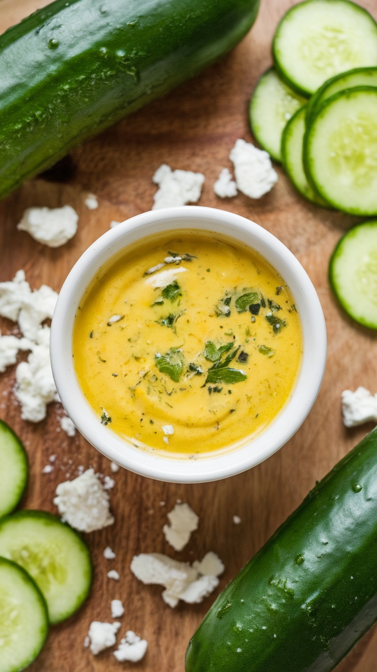 A bowl of zesty lemon and feta dressing surrounded by cucumbers and feta cheese