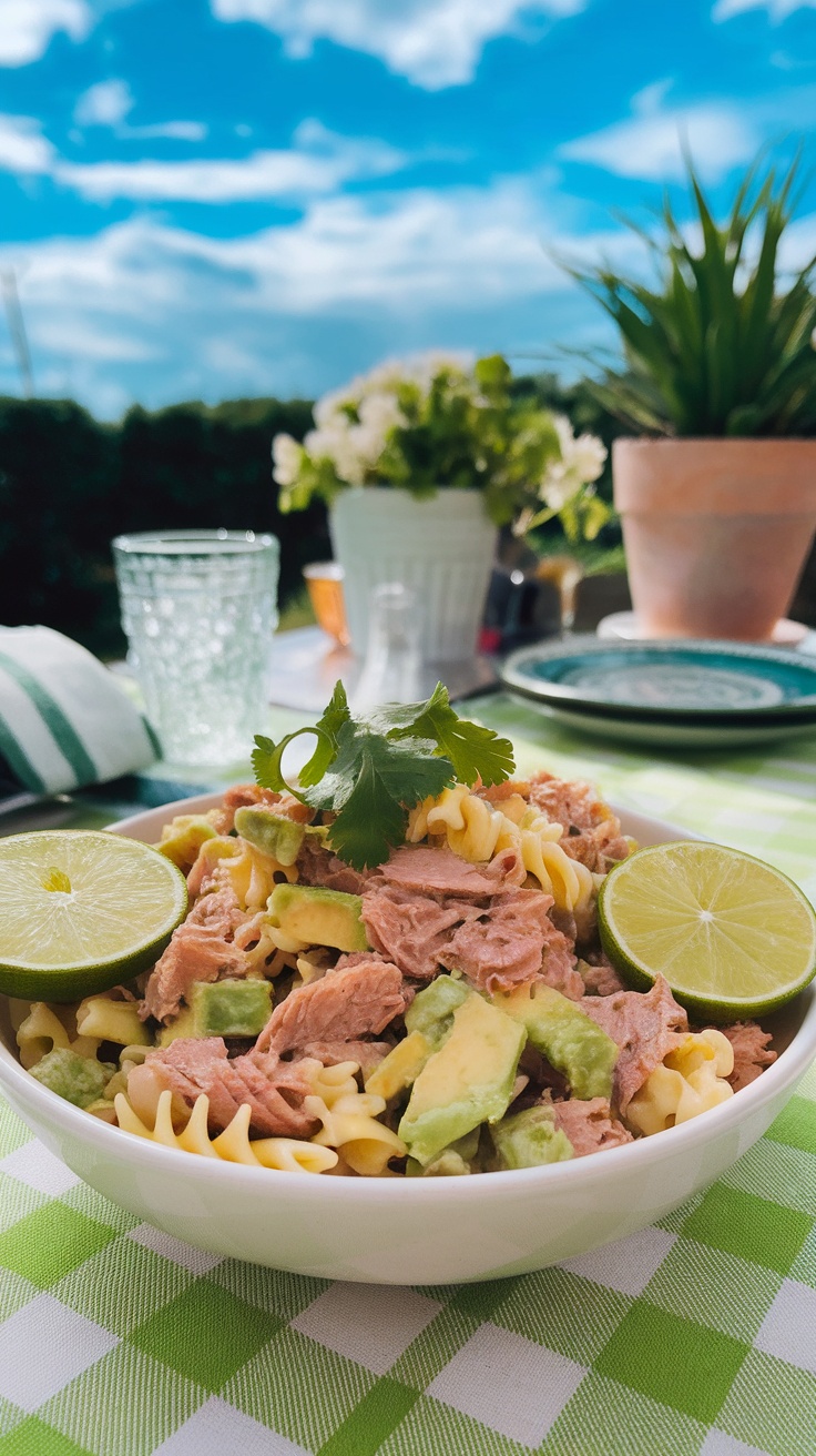 A fresh bowl of tuna pasta salad with avocado, lime, and cilantro, perfect for a light meal.