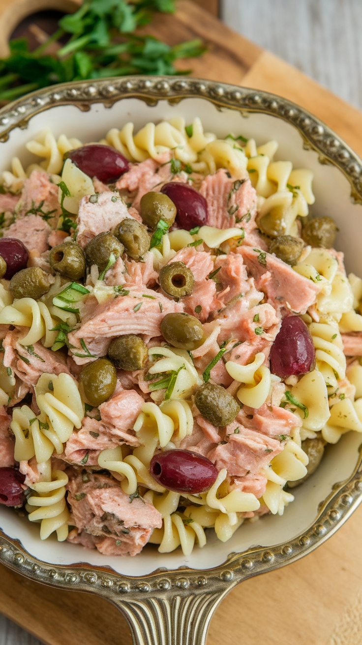 A vibrant bowl of tuna pasta salad with capers, olives, and herbs.