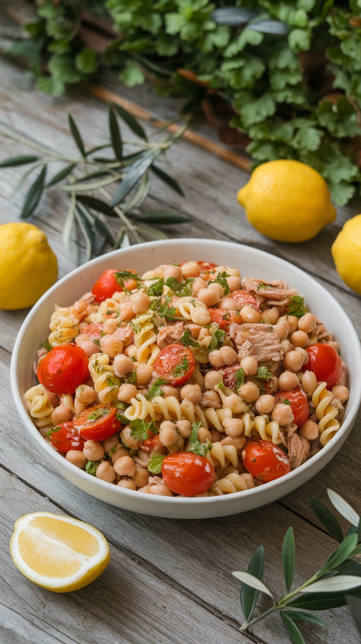 A vibrant bowl of tuna pasta salad featuring chickpeas, cherry tomatoes, and fresh herbs.