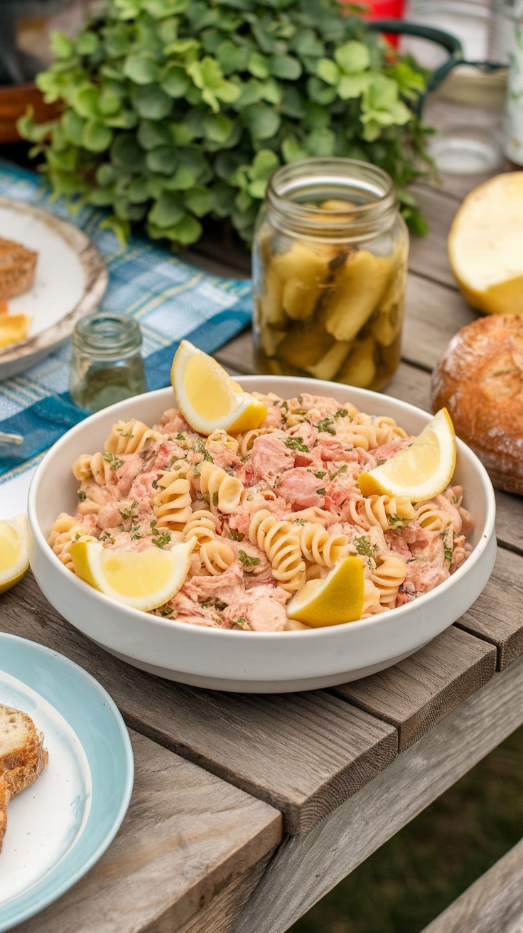 A bowl of chilled tuna pasta salad with lemon slices