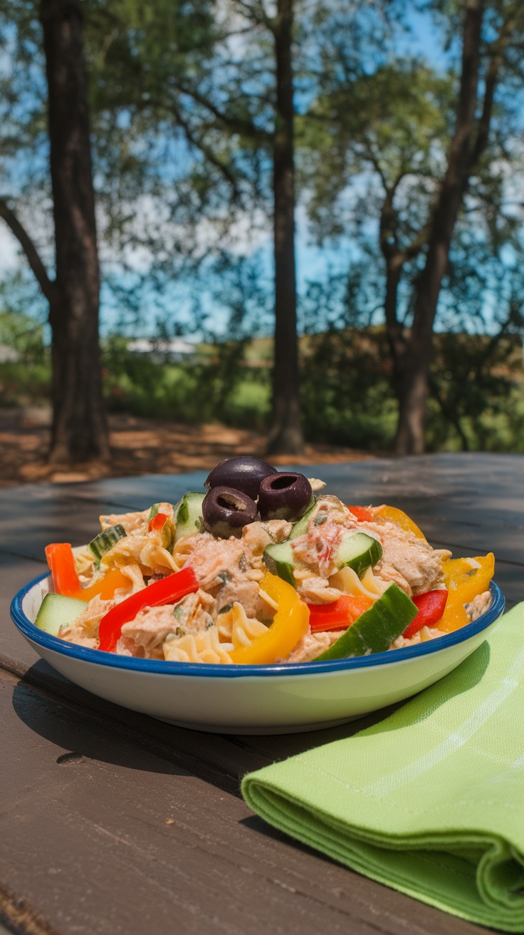 A vibrant Tuna Pasta Salad featuring a mix of crunchy vegetables.