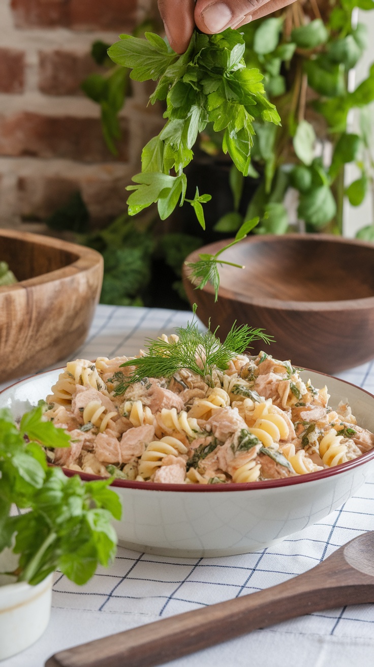 A bowl of tuna pasta salad garnished with fresh herbs.