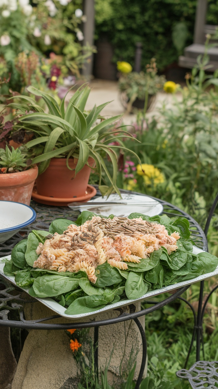 A colorful tuna pasta salad on a bed of fresh spinach, garnished with cherry tomatoes and peppers.