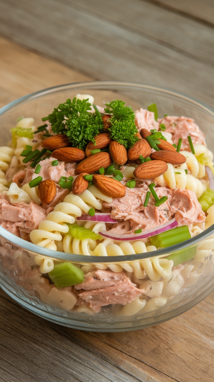 A bowl of tuna pasta salad with toasted almonds, celery, red onion, and fresh herbs