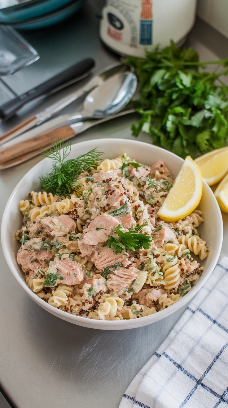 A fresh and vibrant tuna pasta salad with quinoa, served in a bowl.