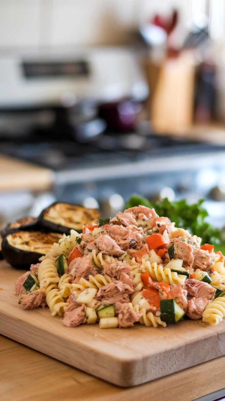 A delicious bowl of Tuna Pasta Salad with roasted vegetables, showcasing colorful ingredients.