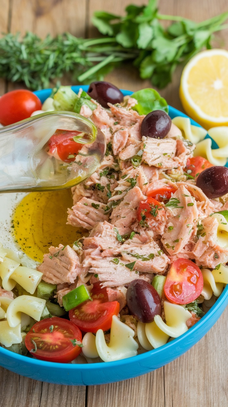 A bowl of tuna pasta salad with garlic and olive oil dressing, colorful vegetables, and fresh herbs.