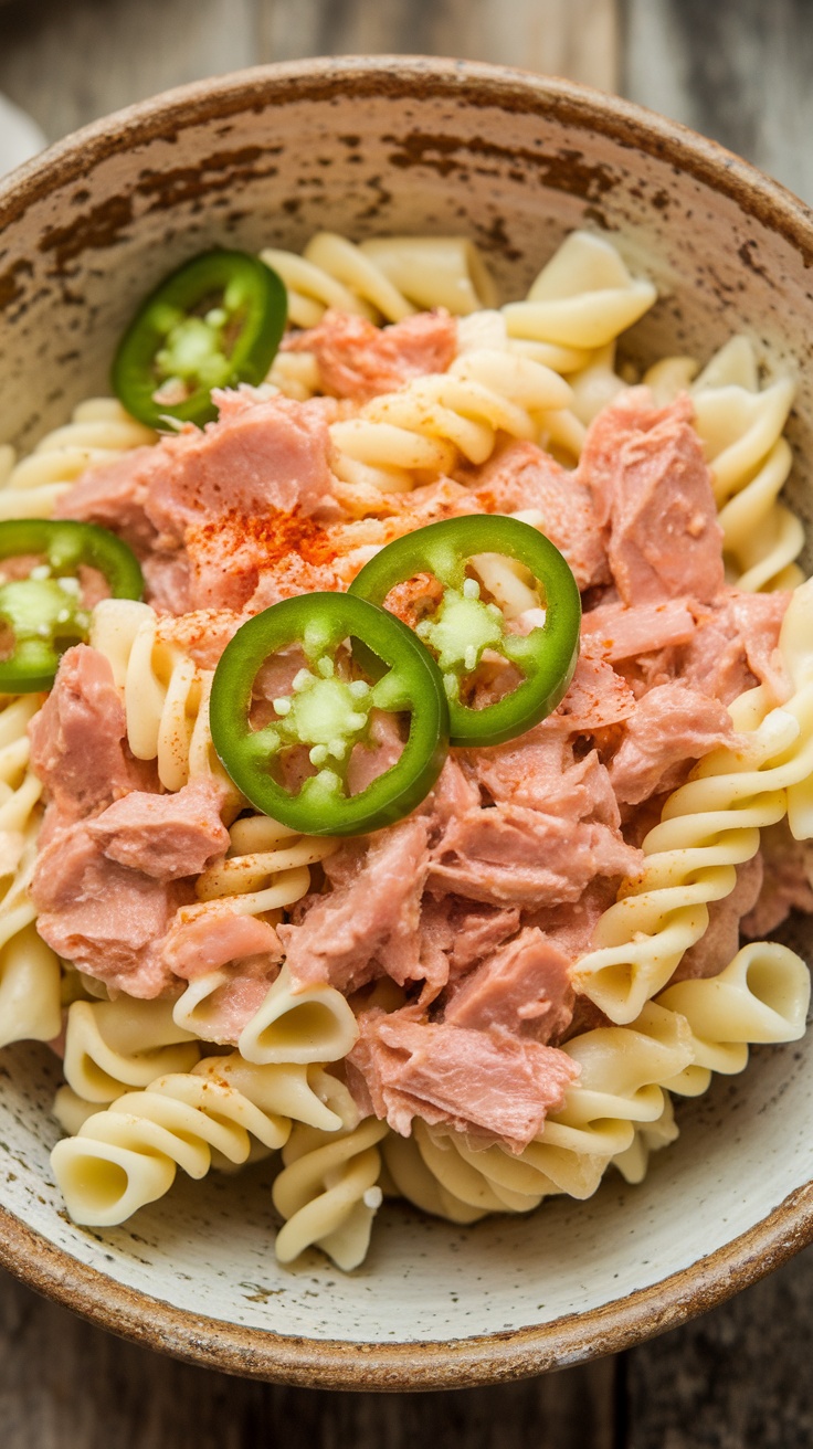 A vibrant bowl of spicy tuna pasta salad featuring rotini pasta, tuna, jalapeños, and colorful vegetables.