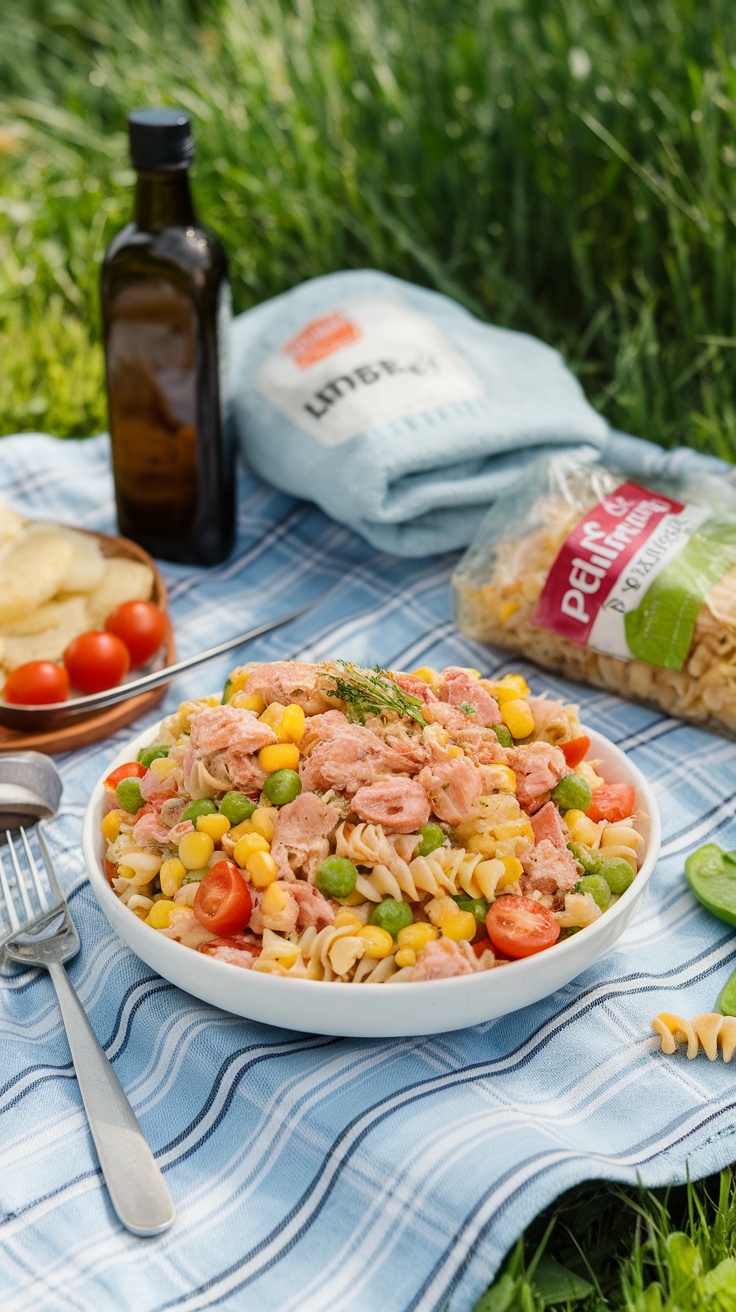 A vibrant bowl of Tuna Pasta Salad featuring sweet corn, green peas, cherry tomatoes, and rotini pasta, garnished with fresh parsley.