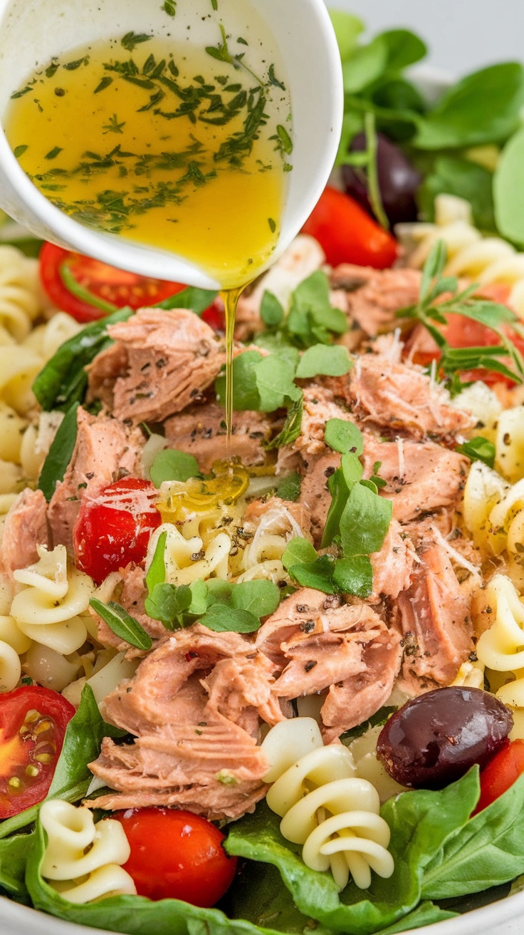 A delicious tuna pasta salad with a zesty lemon herb dressing.