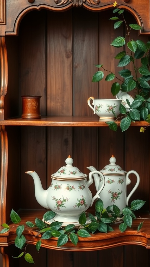 An antique tea set displayed on a wooden shelf surrounded by greenery.