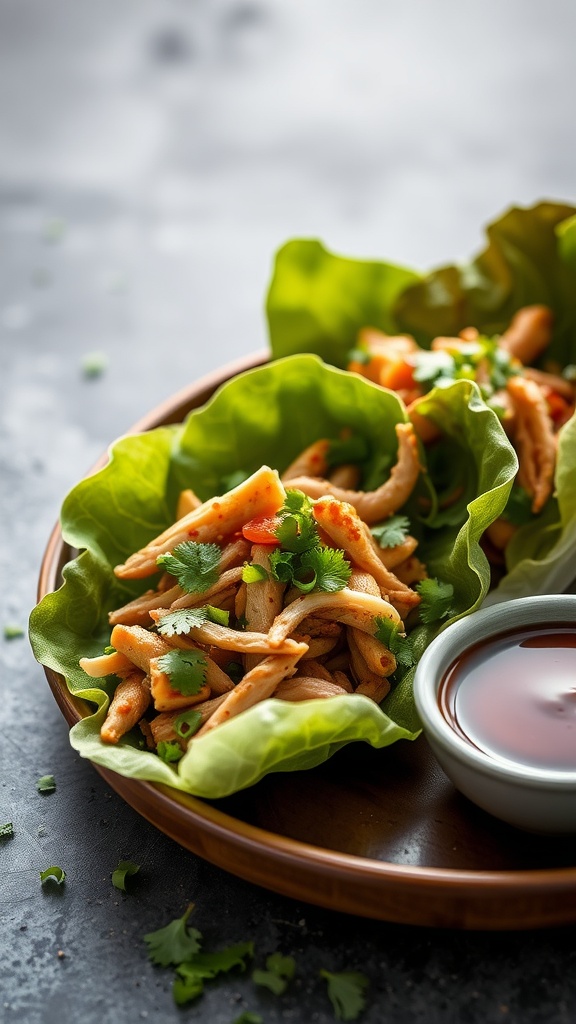 Asian chicken lettuce wraps with cilantro and dipping sauce