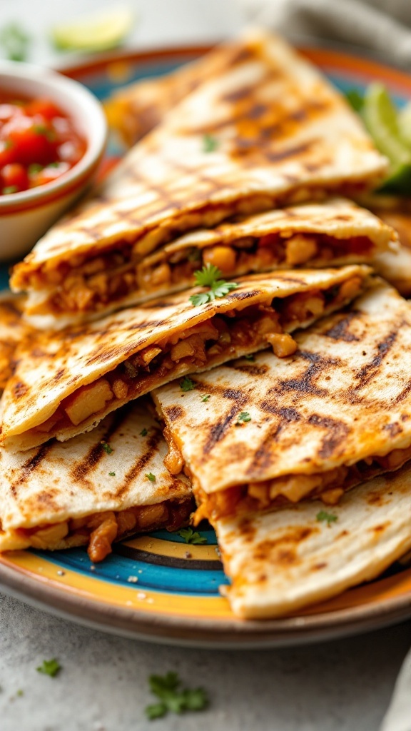 BBQ chicken quesadillas on a plate with salsa